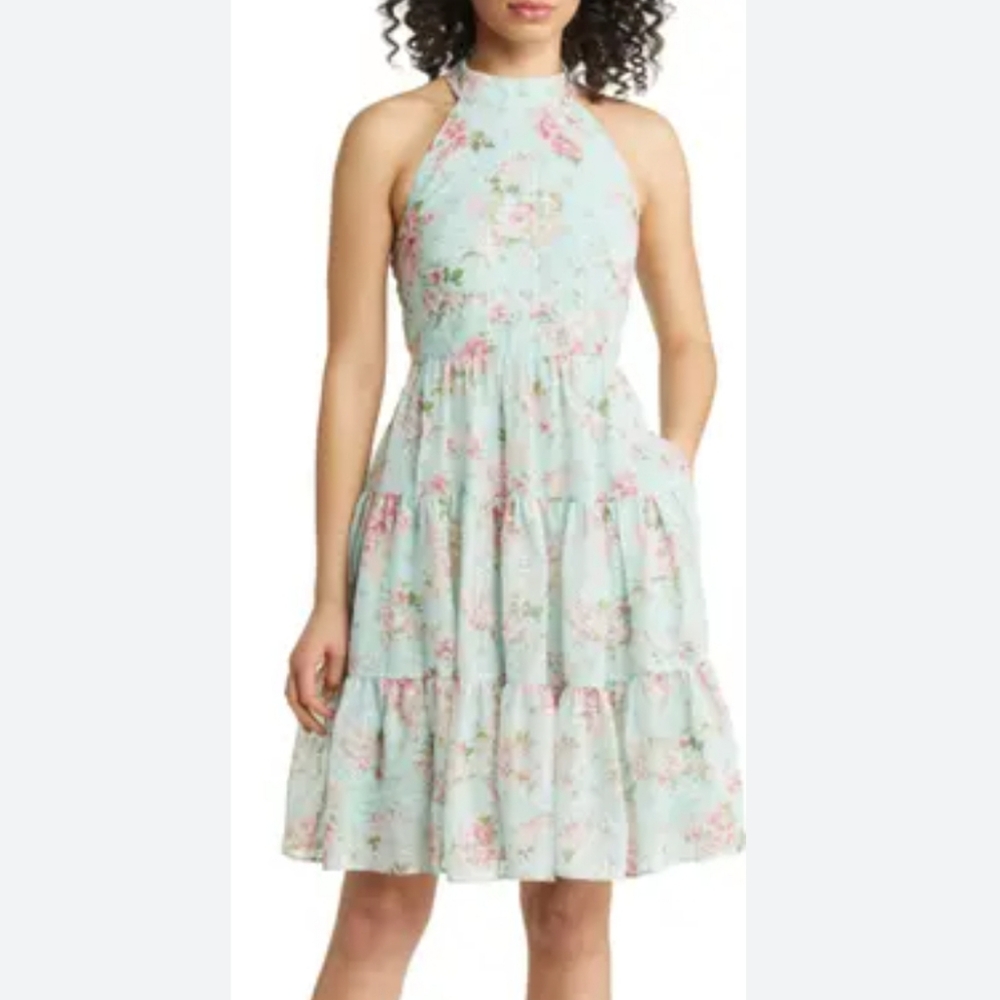 Eliza J Mint Floral Halter Tiered Dress
